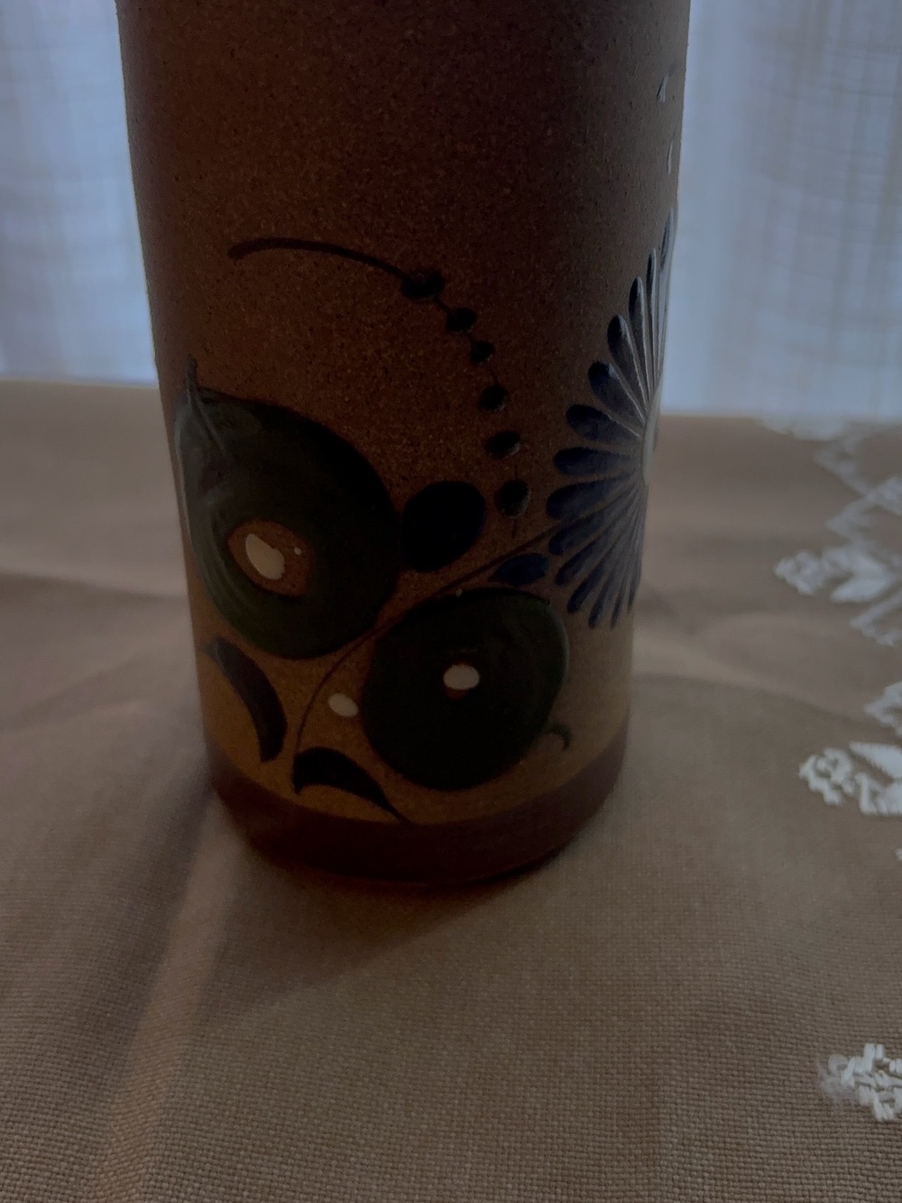 Hand-Painted Brown Ceramic Vase with Green and Blue Floral Motif